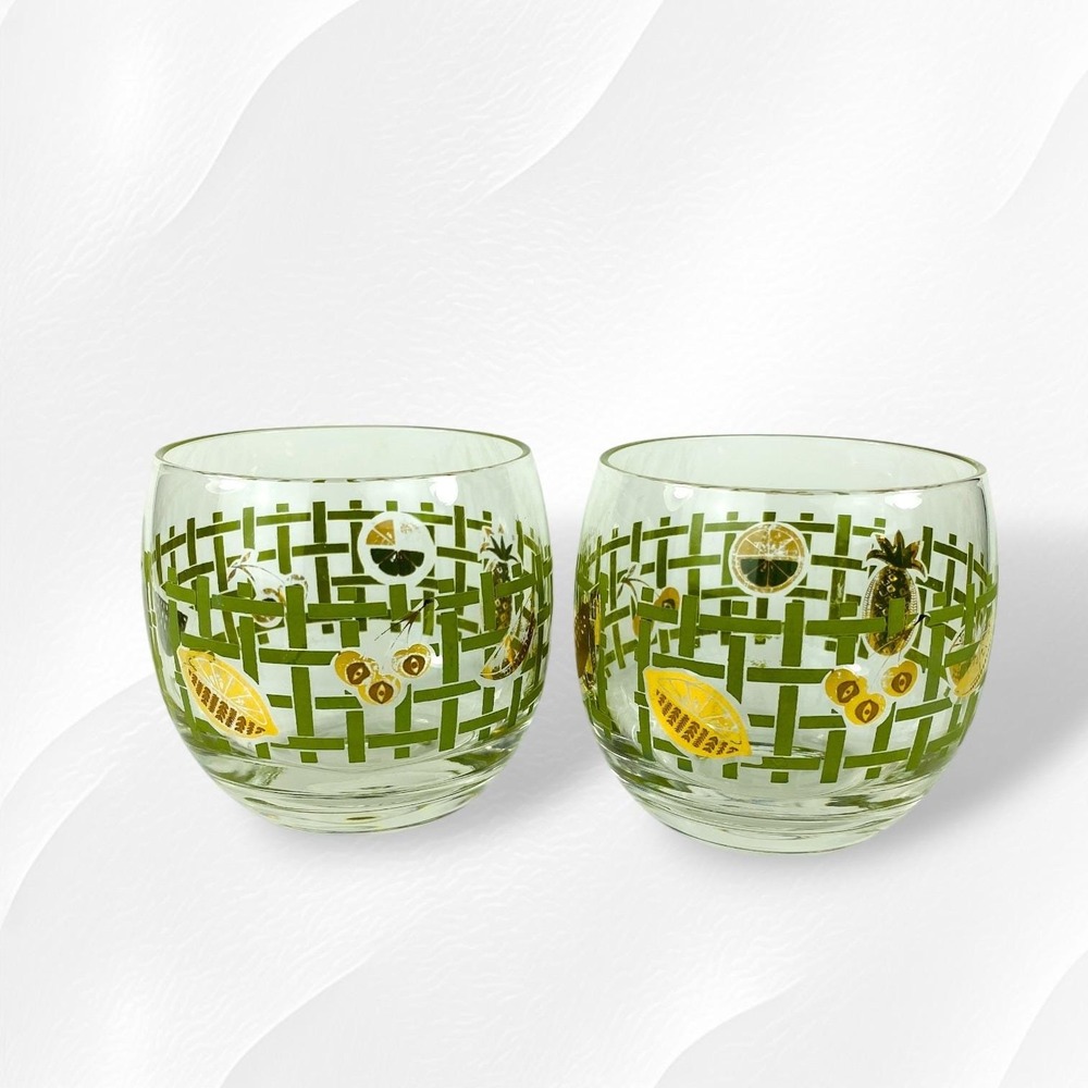 Culver Roly Poly Glasses Set of 2 HTF Green Lattice Gold Fruit‎ MCM Barware